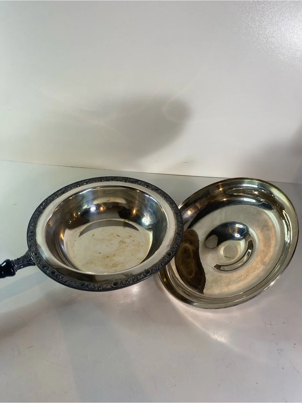 Silver Plate Lidded Round Chafing Dish With Black Wooden Handle Wooden Handle